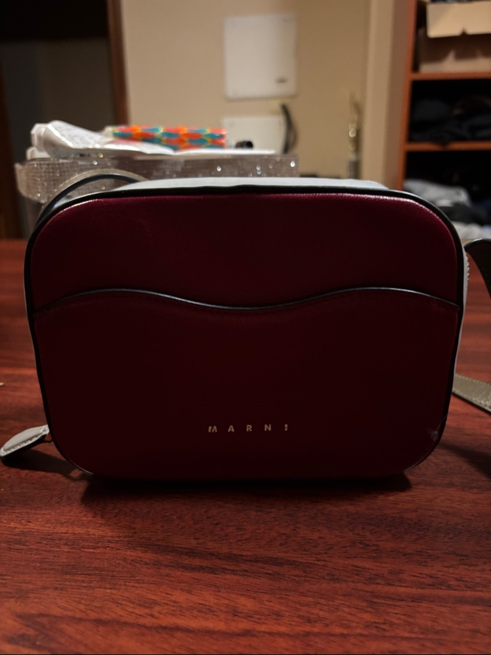 Marni Burgundy and White Leather Messenger Bag